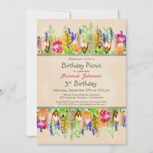 Spring Flowers 3rd Birthday Picnic Party Invitation (Front)