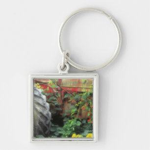 Spring flowers adorn an old tractor. key ring