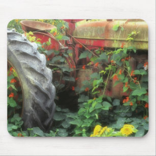 Spring flowers adorn an old tractor. mouse pad