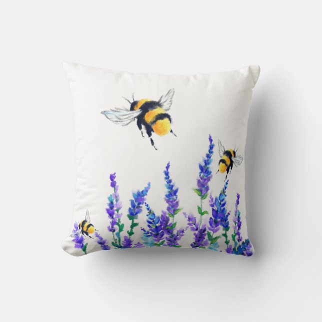 Spring Flowers and Bees Flying Throw Pillow (Front)