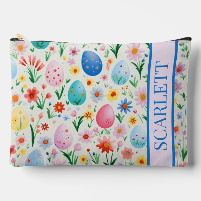 Spring Flowers and Easter Eggs Personalised Accessory Pouch (Front)