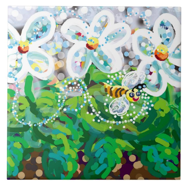 spring flowers and happy bee ceramic tile (Front)