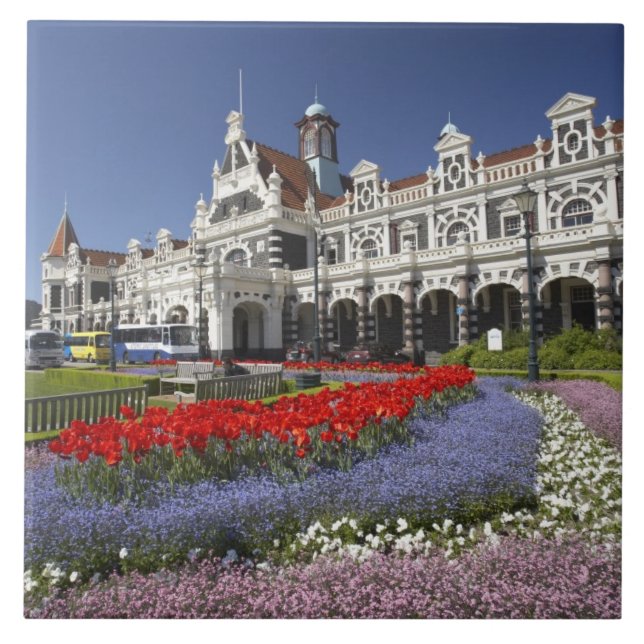 Spring Flowers and Historic Railway Station, Ceramic Tile (Front)