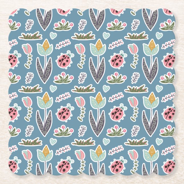 Spring Flowers and Ladybug Pattern Paper Coaster (Front)