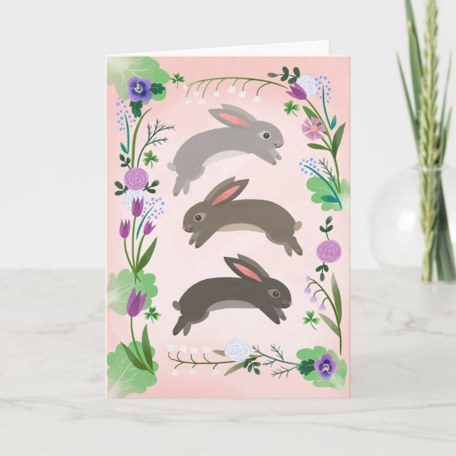 Spring Flowers and Leaping Rabbits | Card (Front)