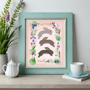 Spring Flowers and Leaping Rabbits Poster