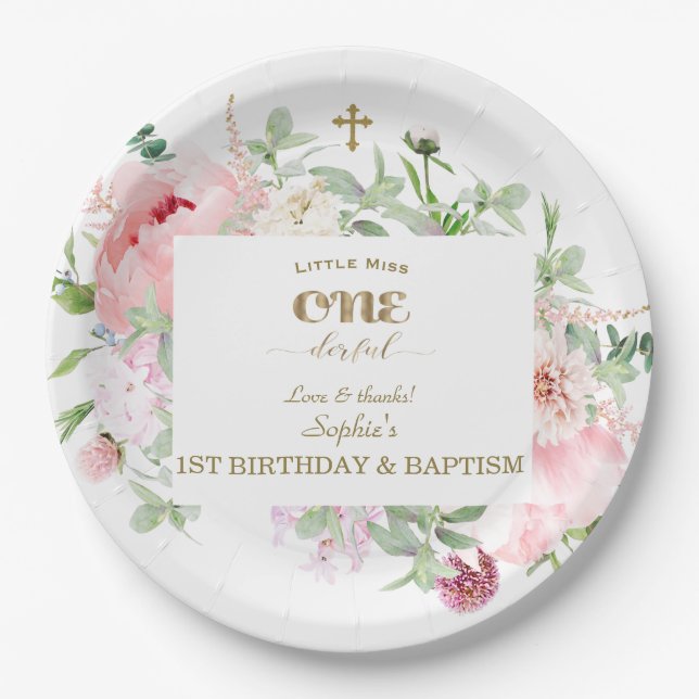 Spring Flowers Bloom First Birthday & Baptism Paper Plate (Front)