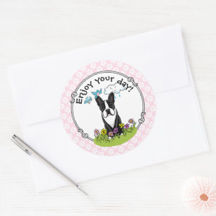 Spring Flowers Boston Terrier Dog (black) Cute Classic Round Sticker