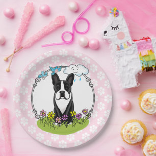 Spring Flowers Boston Terrier Dog (black) Cute Paper Plate