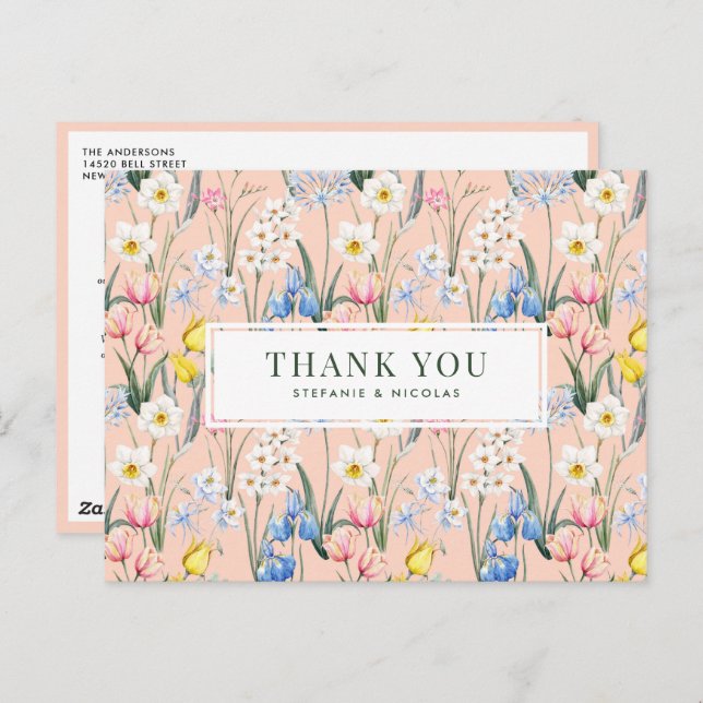 Spring Flowers Botanical Wedding Thank You Postcard (Front/Back)