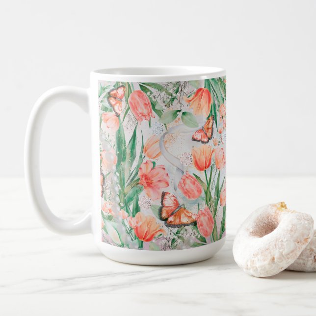 Spring Flowers Butterflies Coffee Mug (With Donut)