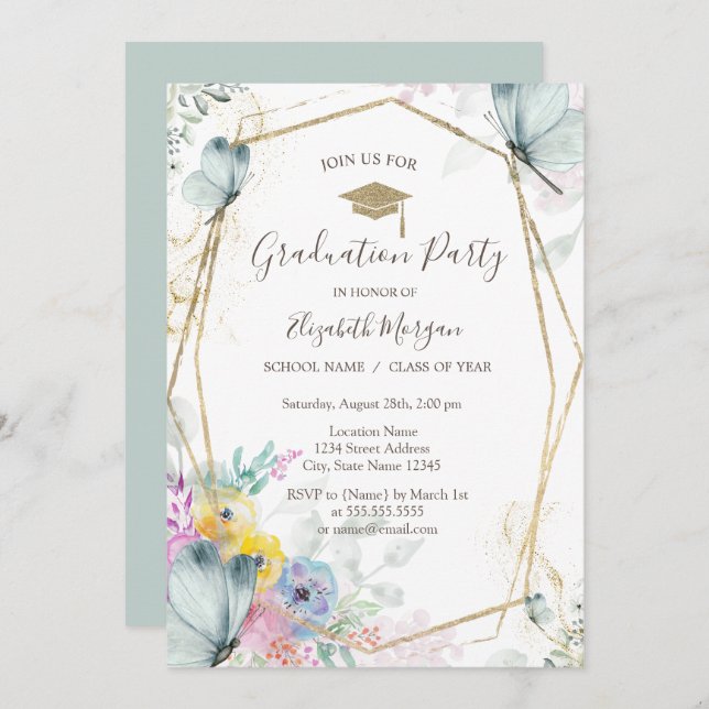 Spring Flowers,Butterflies,Grad Cap,Graduation  Invitation (Front/Back)