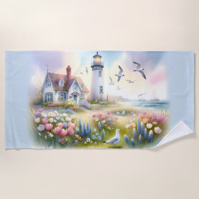 Spring Flowers by Lighthouse Coastal Cottage Beach Towel (Front)