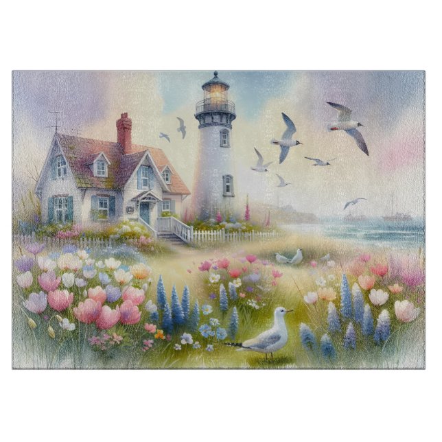 Spring Flowers by Lighthouse Coastal Cottage Cutting Board (Front)