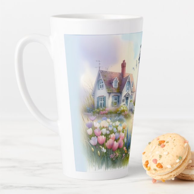 Spring Flowers by Lighthouse Coastal Cottage Latte Mug (In Situ)