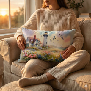 Spring Flowers by Lighthouse Coastal Cottage Lumbar Cushion