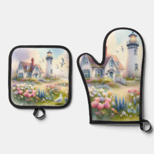 Spring Flowers by Lighthouse Coastal Cottage Oven Mitt & Pot Holder Set