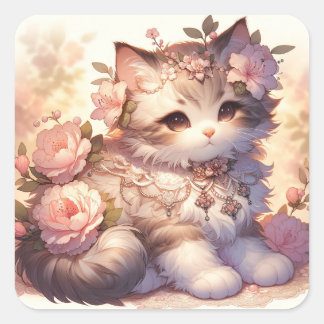 Spring Flowers Cat Square Sticker