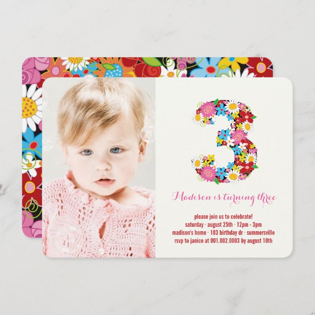 Spring Flowers Chic Three Girl 3rd Birthday Invite (Front/Back)