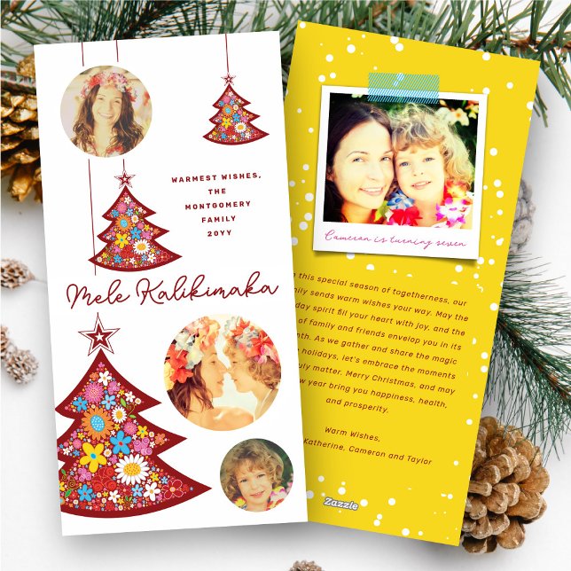 Spring Flowers Christmas Tree Ornaments 3 Photo Holiday Card (Spring Flowers Christmas Tree Ornaments Mele Kalikimaka 3 Photo Holiday Card @ fat_fa_tin)