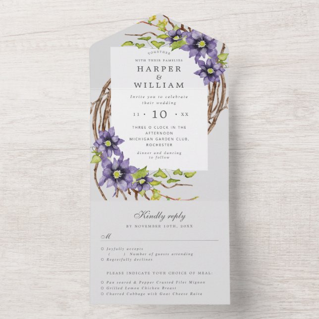 spring flowers clematis rsvp attached wedding all in one invitation (Inside)
