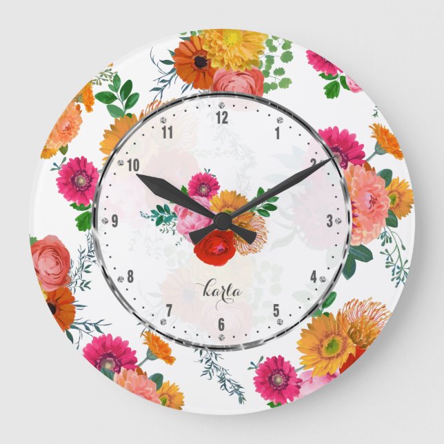 Spring Flowers Colourful Hand painted Illustration Large Clock (Front)