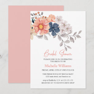 Spring Flowers Coral Navy Bridal Shower Invitation