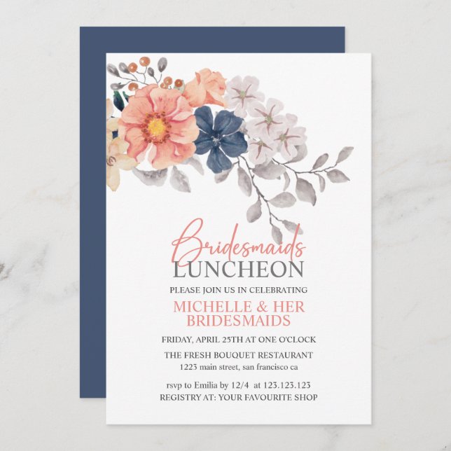 Spring Flowers Coral Navy Bridesmaids Luncheon Inv Invitation (Front/Back)