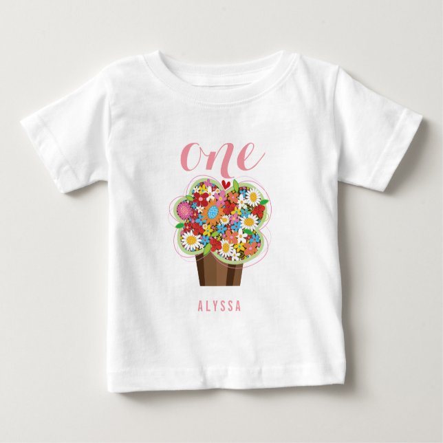 Spring Flowers Cupcake Girl 1st Birthday Party Baby T-Shirt (Front)