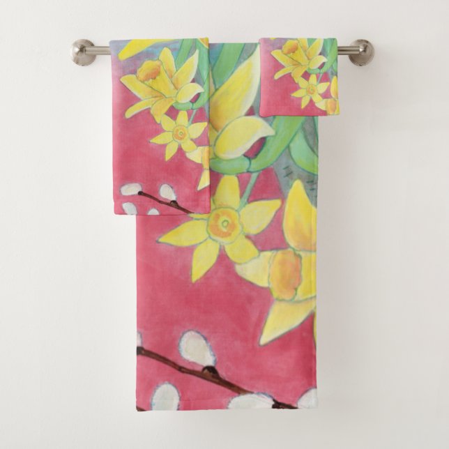 Spring Flowers - Daffodils, Willow, Violets Bath Towel Set (Insitu)