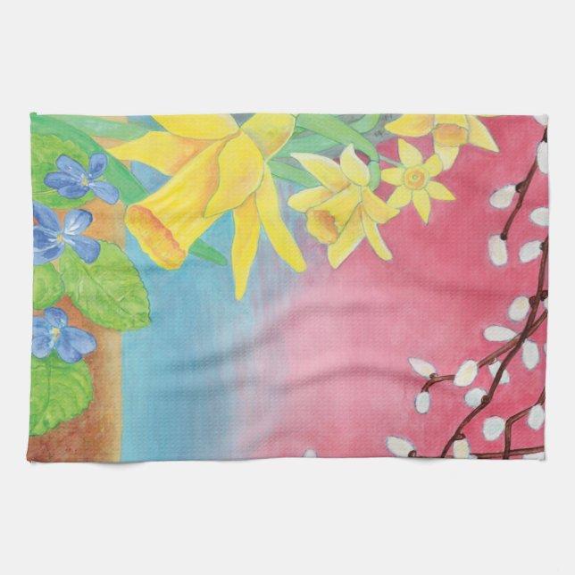 Spring Flowers - Daffodils, Willow, Violets  Tea Towel (Horizontal)