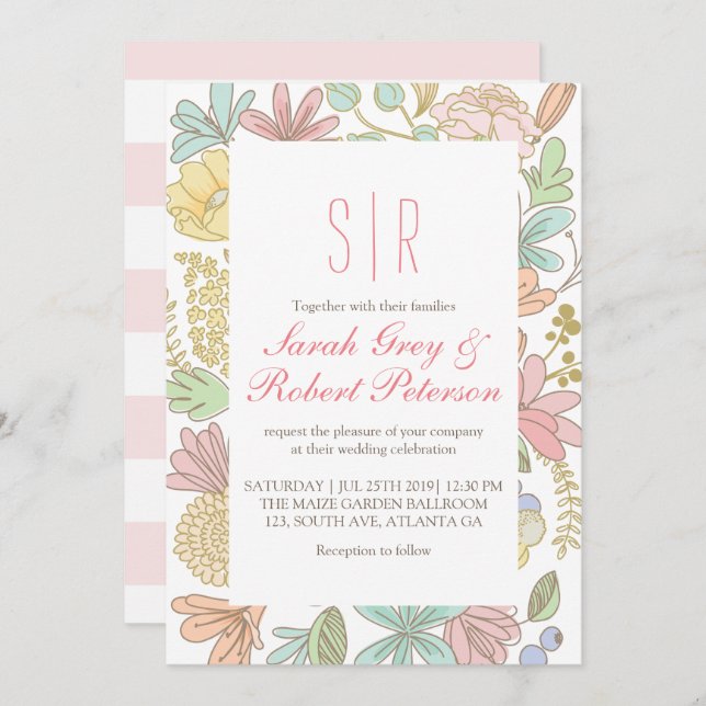 Spring Flowers Doodle Chic Wedding Invitation (Front/Back)