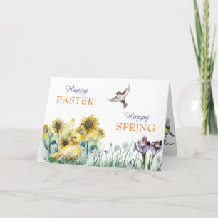 Spring Flowers Duckling and Birds Easter Card