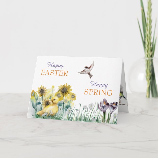 Spring Flowers Duckling and Birds Easter Card (Front)