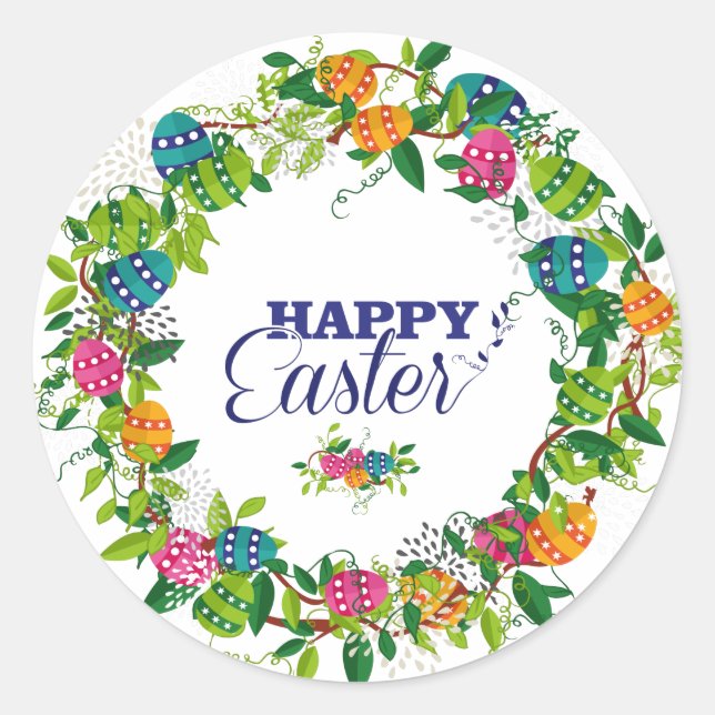 Spring Flowers & Easter Eggs Colourful Wreath Classic Round Sticker (Front)