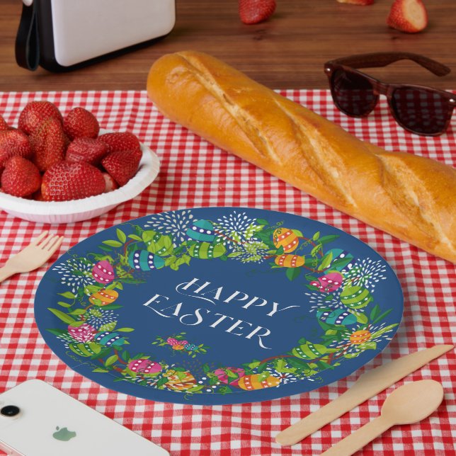 Spring Flowers & Easter Eggs Colourful Wreath Paper Plate (Picnic)