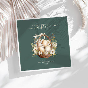 Spring Flowers Eggs Sage Green Happy Easter Napkin