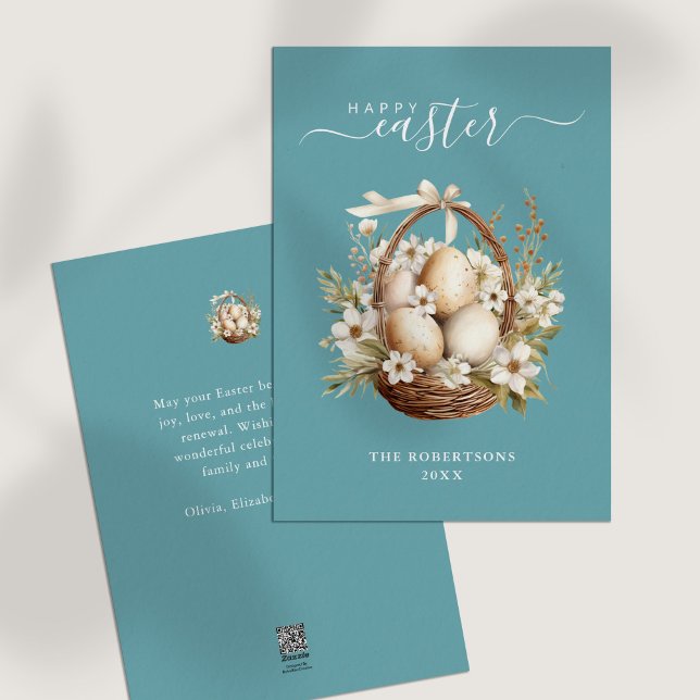 Spring Flowers Eggs Teal Happy Easter Greeting Holiday Card (Spring Flowers Eggs Teal Happy Easter Greeting Holiday Card on white table.)
