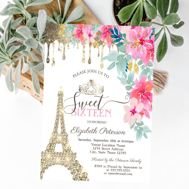 Spring Flowers Eiffel Tower Gold Drips Sweet 16 Invitation (Creator Uploaded)