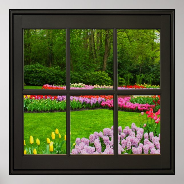 Spring Flowers Faux Window Illusion 24x24 Black Poster (Front)