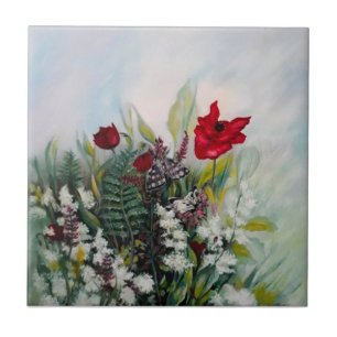 Spring flowers field with poppies and butterflies ceramic tile