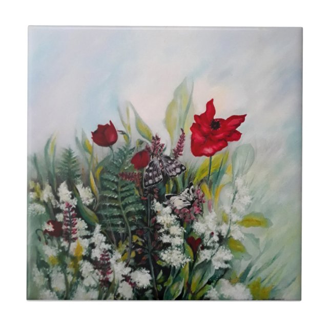 Spring flowers field with poppies and butterflies ceramic tile (Front)