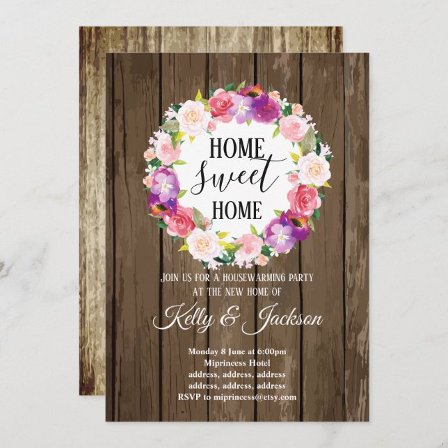spring flowers, floral housewarming party invitation (Front/Back)