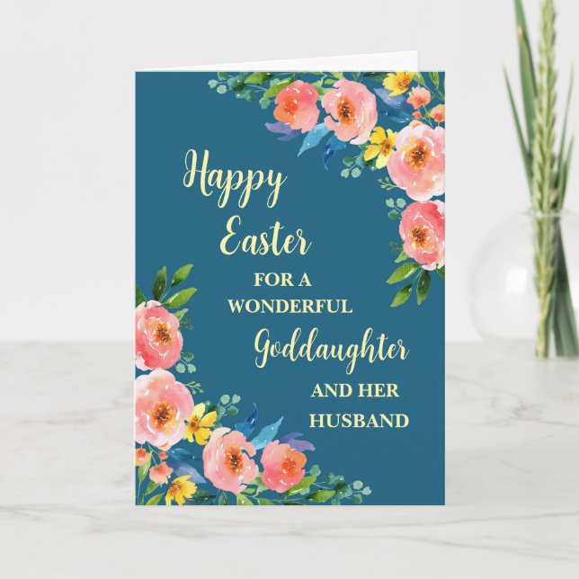 Spring Flowers Happy Easter Goddaughter & Husband Holiday Card (Front)