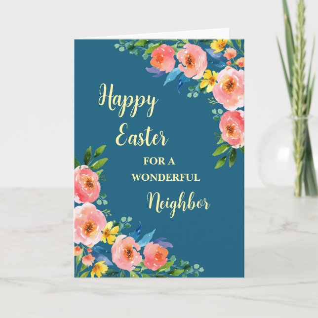 Spring Flowers Happy Easter Neighbour Holiday Card (Front)