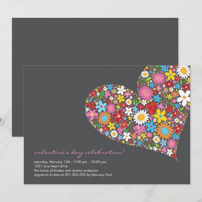 Spring Flowers Heart Valentine Party Invite (Front/Back)