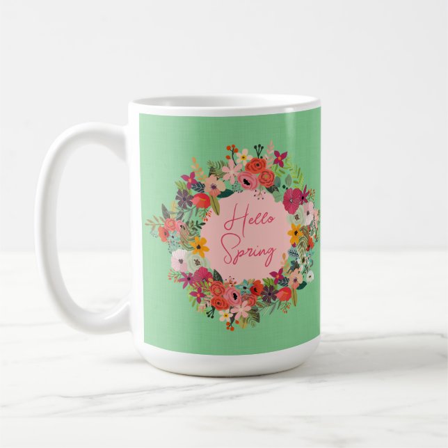 Spring flowers Hello Spring linen personalised  Coffee Mug (Left)