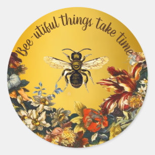 SPRING FLOWERS HONEY BEE / BEEKEEPER FLORAL CLASSIC ROUND STICKER