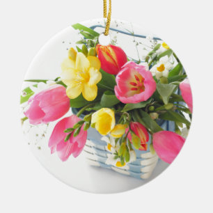Spring flowers in basket ceramic tree decoration