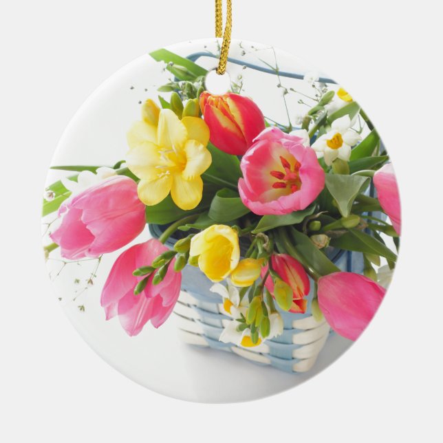 Spring flowers in basket ceramic tree decoration (Front)